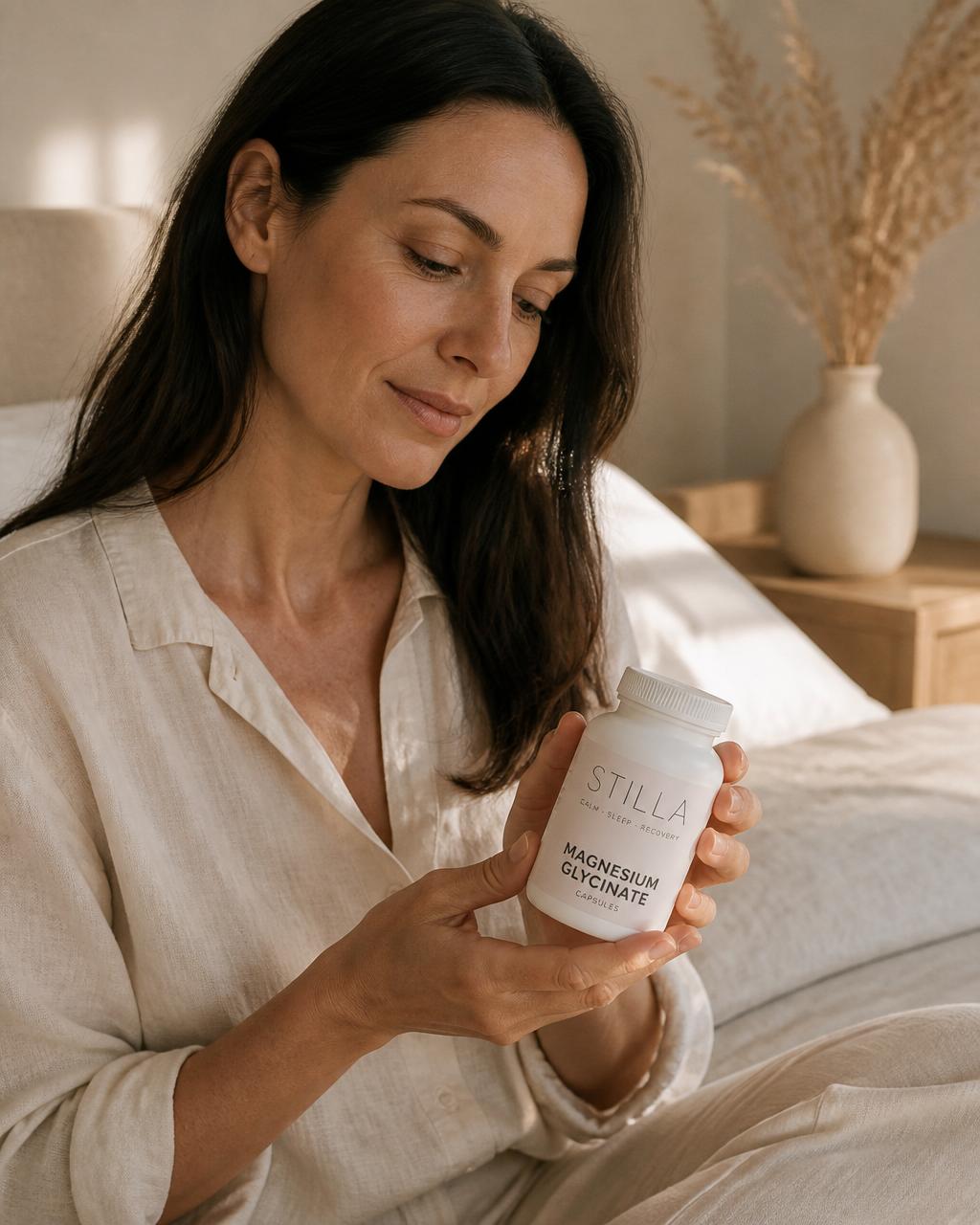 Woman in her late 30s holding a Stilla Magnesium Glycinate bottle